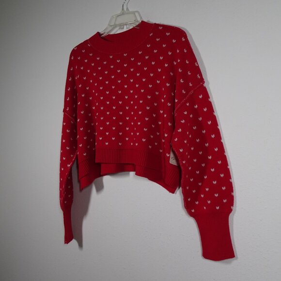 Free People Cropped Sweater Women's Size S Red Easy Street Patterned Boxy - Picture 4 of 9